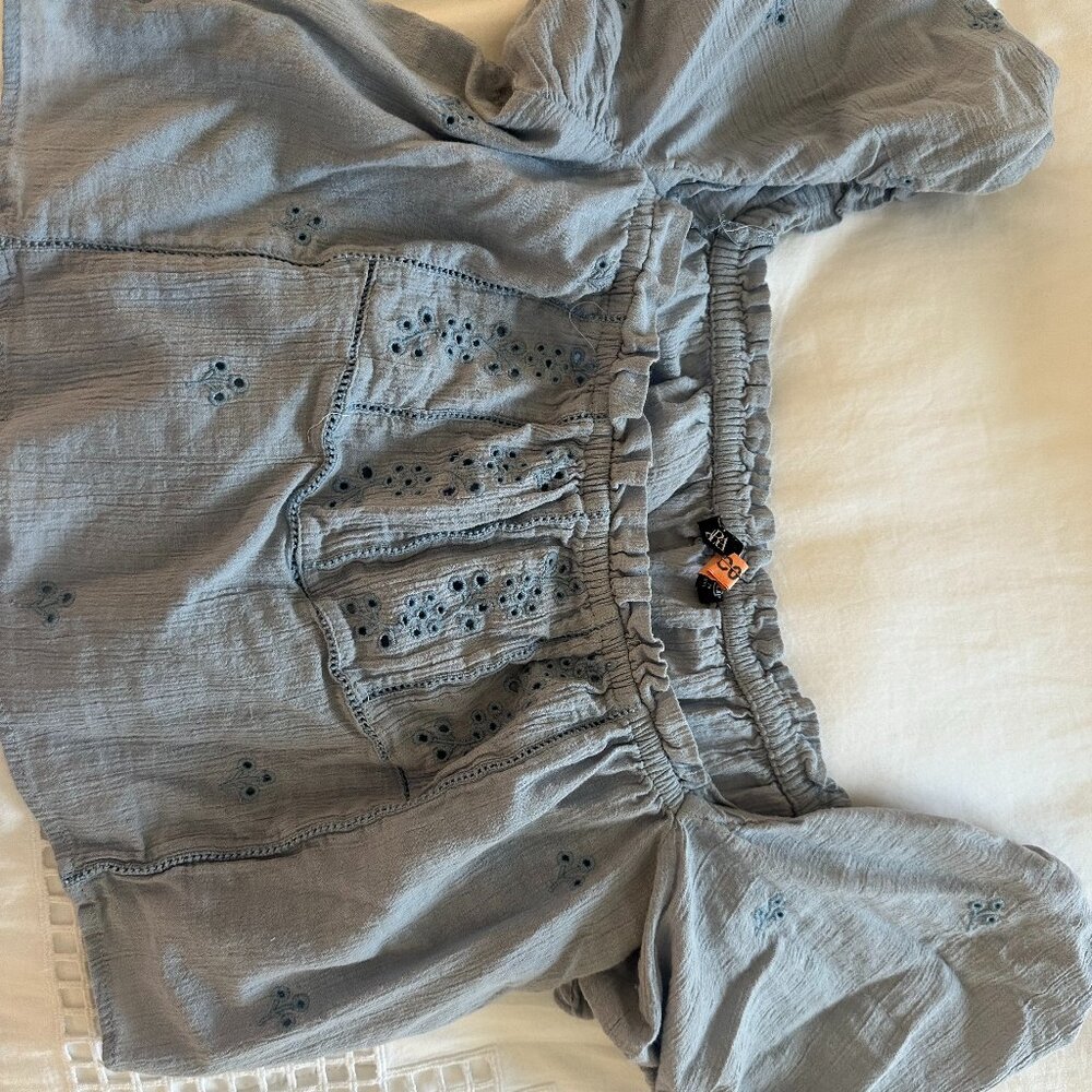 Zara Light Blue Short Sleeve Eyelit Top